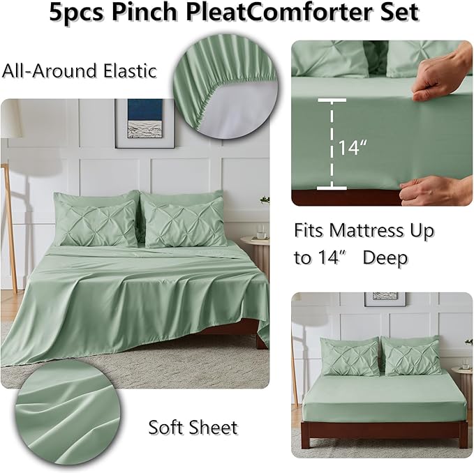 CozyLux Twin Comforter Set with Sheets Sage Green, 5 Pieces Pintuck Bed in A Bag, Twin Bed Set Gift for Family, Pinch Pleat Bedding Set with Comforter, Sheets, Pillowcase & Sham