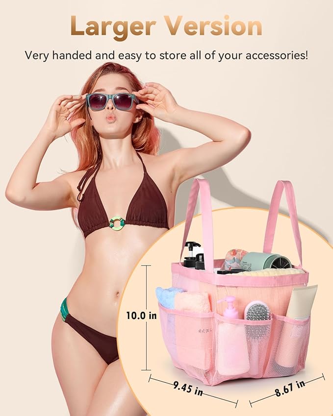 Temede Mesh Shower Caddy Tote, Large Shower Caddy Basket Portable, Quick Dry Hanging Toiletry Bag, 8 Storage Pocket Bath Organizer for College Dorm, Gym, Camp, Travel (Pink) - Image 2