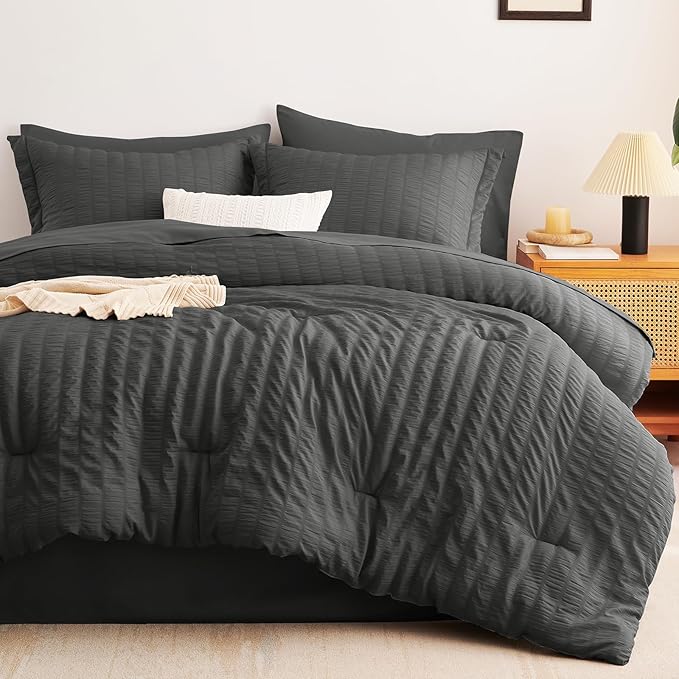 CozyLux Twin Comforter Set with Sheets 5 Pieces, Dark Grey Seersucker Textured Bed in a Bag, Dark Gray Luxury Soft Bedding Sets with Down Alternative Comforter, Sheets, Pillowcase & Sham All Seasons