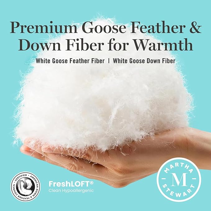 Martha Stewart Goose Feather Down Fiber Cotton Comforter Queen Size, Feather Duvet Insert Queen, Hotel Collection Hypoallergenic Comforter 80oz Extra Warmth 90 x 90 Inch White