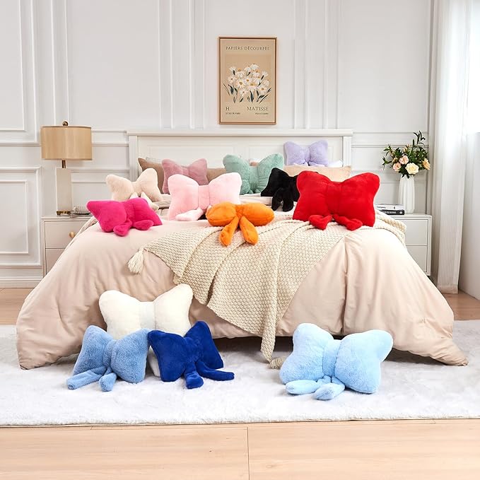 XVTRU Sage Green Bow Pillow, Soft Bow Decorative Pillows with Faux Rabbit Fur, Cute 12" Bow Throw Pillows, Aesthetic Home Decor Bow Shaped Plush Pillow for Bedroom Sofa Couch