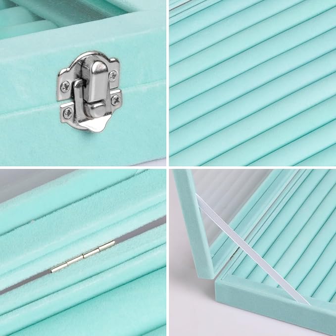 Frebeauty Rings/Earrings Organizer Tray with Clear Lid 10 Slots Velvet Drawer Insert Jewelry Storage box Transparent Glass lid Jewelry Display Case Showcase Gift for Girls Women (Turquoise, 10 Slots) - Image 5