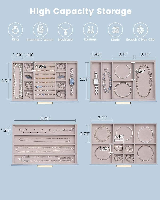 Lolalet Jewelry Box Organizer, 4-Layer Jewelry Organizers and Storage Case with Glass Lid, Ring Earring Bracelet Necklace Holder Organizer, Birthday Valentine Gifts for Women Girls -4Layer, HazeBlue - Image 6