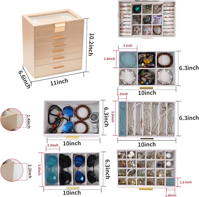 BOOVO Jewelry Boxes for Women, White and Black 6 Layer Large Jewelry Box for Necklace, Bracelet, Earrings, Rings Storage, Jewelry holder Organizer for Girls Gift (Gold, 6 layer) - Image 4