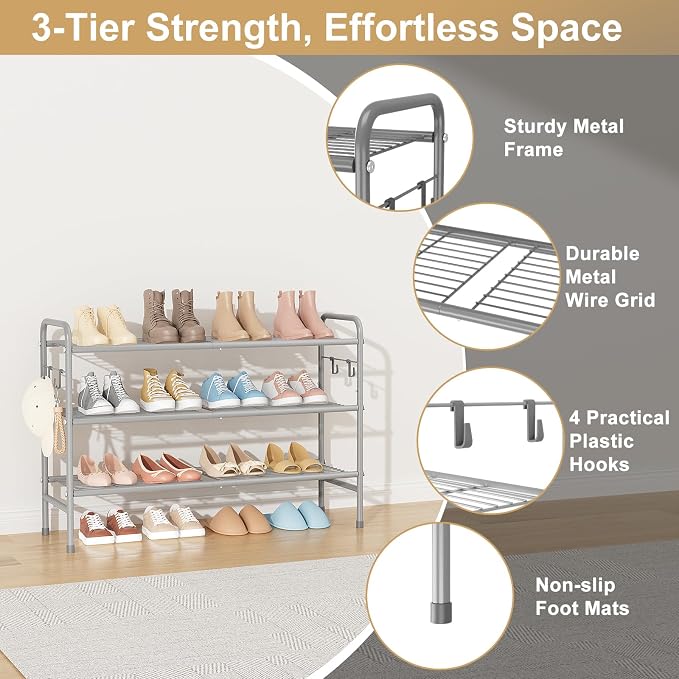 VILICK 3 Tier Shoe Rack 33" Wide Metal Shoe Organizer Long Shoe Storage with 4 Side Hooks Sturdy Shoes Shelf for Front Door Entrance, Closet, Garage, Dorm, Grey - Image 4