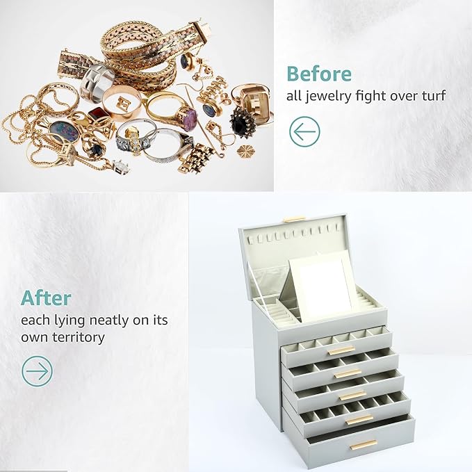 BOOVO Jewelry Boxes for Women, White and Black 6 Layer Large Jewelry Box for Necklace, Bracelet, Earrings, Rings Storage, Jewelry holder Organizer for Girls Gift (Grey and Gold, 6 layer) - Image 6