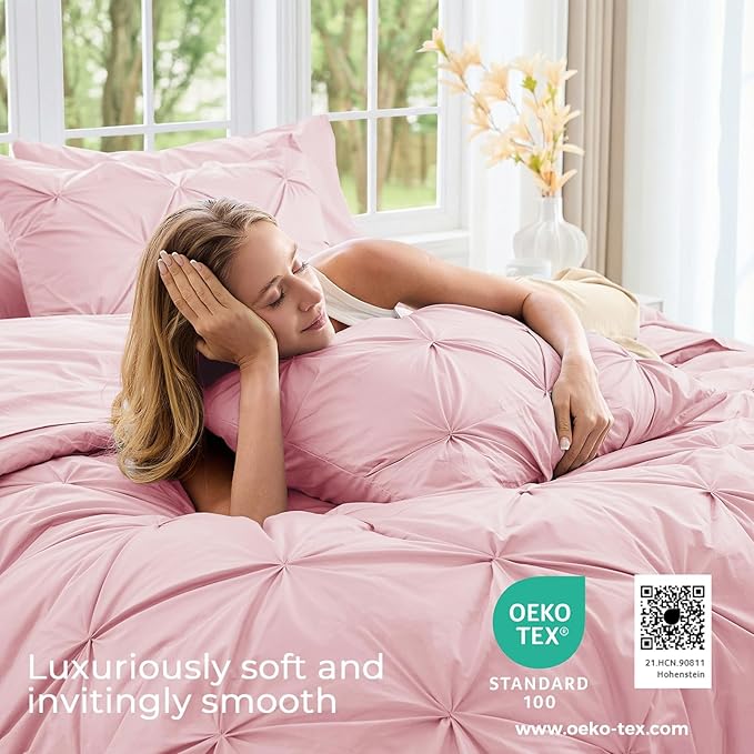 Sasttie King Size Comforter Set, 7-Piece Bed in a Bag, Pintuck Bedding Sets for All Season, Includes Comforter, Flat Sheet, Fitted Sheet, Pillowcases and Pillowshams, Baby Pink