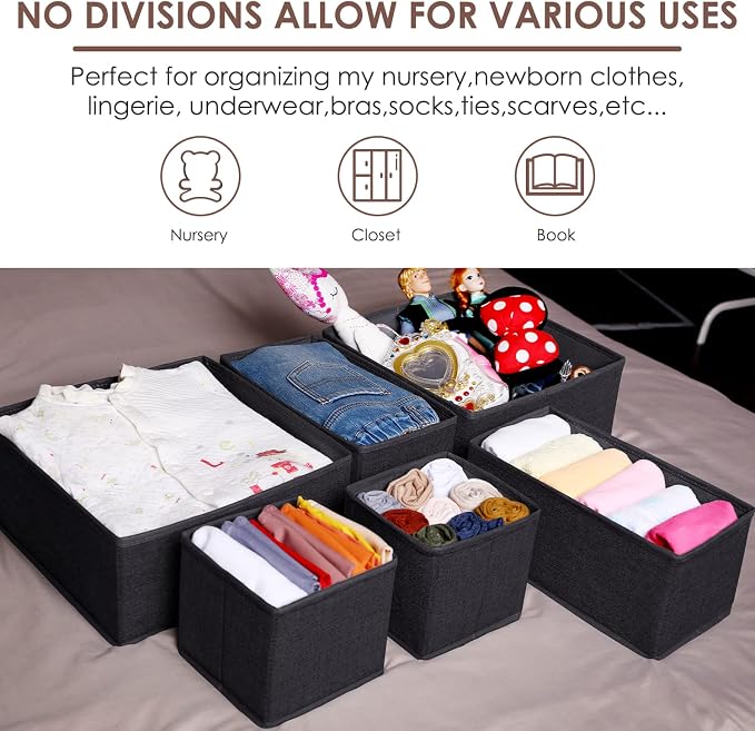 Criusia 6 Pack Clothes Drawer Organizer Dividers, Fabric Foldable Closet Dresser Drawer Organizer for Clothing, Bra Sock Underwear Drawer Organizer for Nursery Bedroom Organization (6 Bins, Black) - Image 8