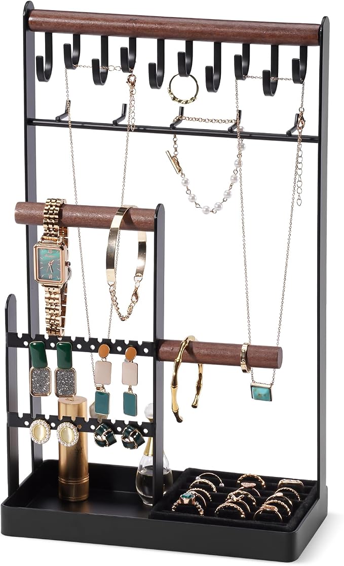 ProCase Jewelry Organizer Jewelry Stand Jewelry Holder Organizer, 5-Tier Necklace Organizer with Ring Tray, Large Aesthetic Jewelry Tower Storage Rack Tree for Bracelets Earrings Rings -Large, Black by ProCase