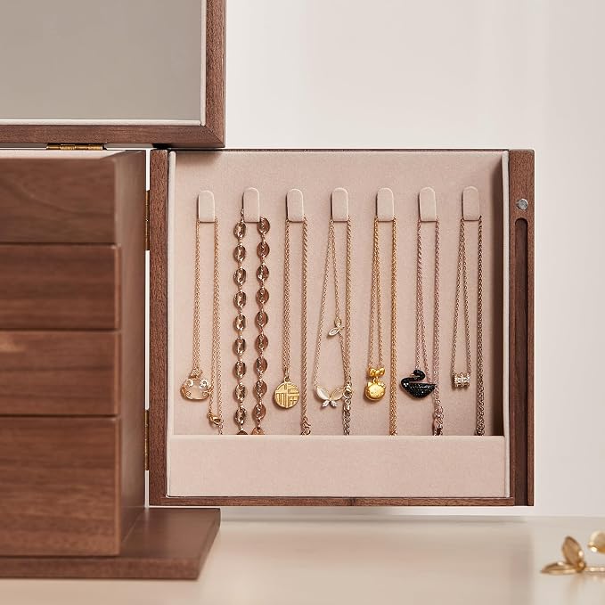 CHOSIN Black Walnut Wooden Jewelry Box, 4 Layer Lockable Wood Jewelry Organizer with Mirror, Side Doors & Brass Handle, Classical Design for Rings, Necklaces, Earrings, Mothers Day Gifts for Mom - Image 9