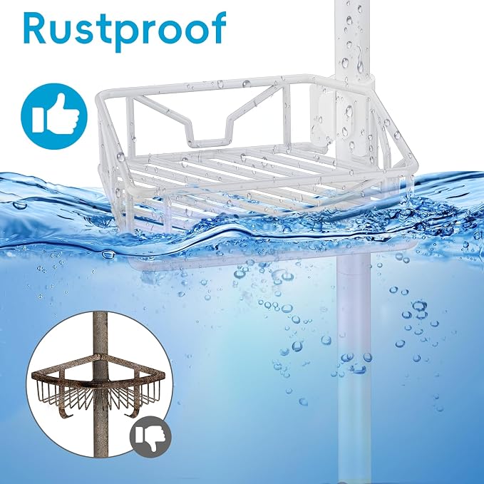 Skycarper 5 Tier Adjustable Corner Shower Caddy Organizer with Hooks,Rustproof Tension Pole 62-116 Inch,White - Image 5