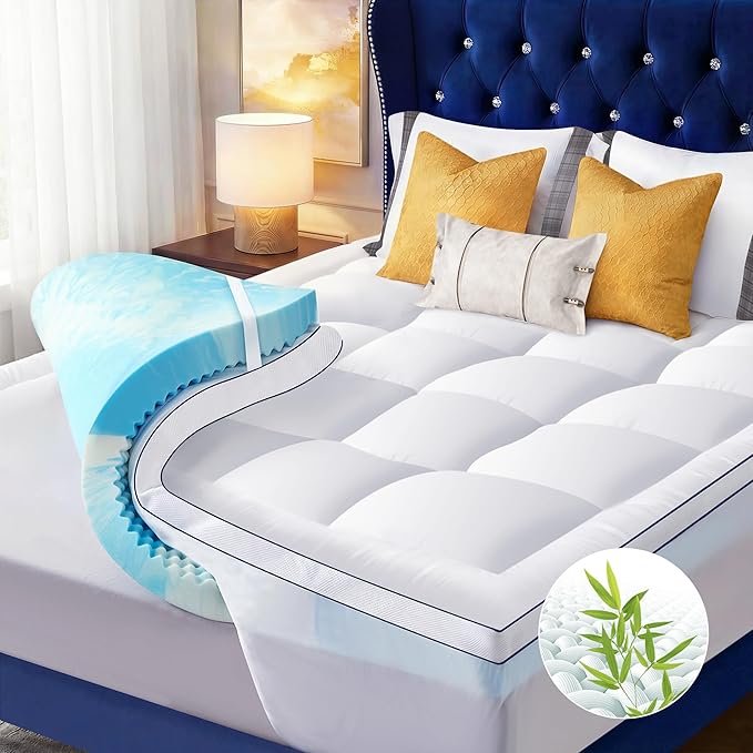 King Size Dual Layer 4 Inch Memory Foam Mattress Topper, 2 Inch Fluffy Soft Pillow Top Mattress Pad Cover and 2 Inch Gel Memory Foam for Back Pain Relief, Breathable, Cooling