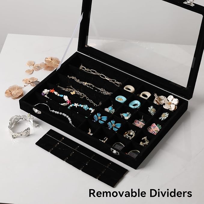 Frebeauty 40 Grid Jewelry Tray,Adjustable Earring Holder Organizer with Glass Lid,Velvet Drawer Jewelry Organizer for Rings,Studs,13.8 x 9.5 x 2 Inches Jewelry Display Box,Gift for Women(Black) - Image 6