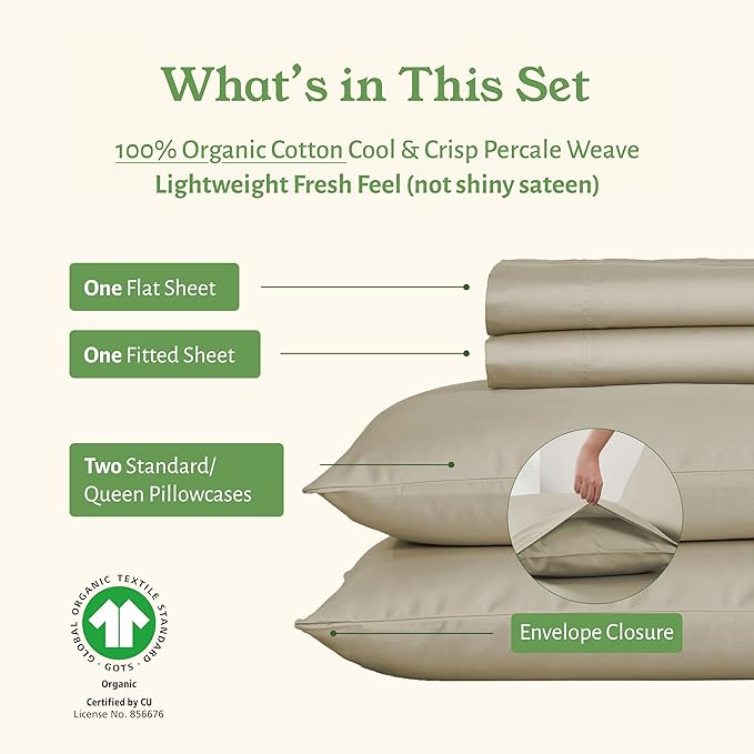 California Design Den Sheets Queen Size Bed Set - Soft 100% 100% Organic Cotton Sheets with Deep Pockets, Crisp Percale, Breathable and Durable Bedding Set - Warm Taupe
