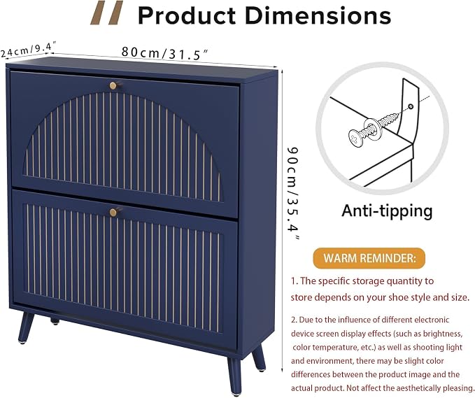 Fsbecl Shoe Storage Cabinet for Entryway with 2 Flip Drawers, Narrow Wood Shoe Cabinet with Fluted Panel, Freestanding Hidden Shoe Organizer for Foyer, Hallway (Blue - with Shelf) - Image 2