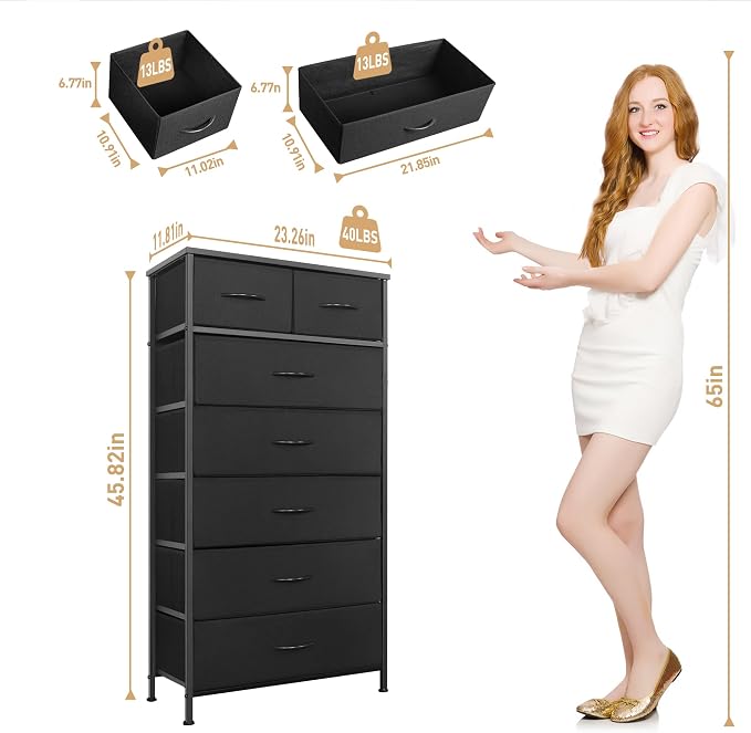 Mifuro Tall Dresser for Bedroom, Vertical Storage Organizer Tower with 7 Drawers, Chest of Drawers with Fabric Bins, Steel Frame, Wood Top for Bedroom, Closet, Entryway- Black - Image 3
