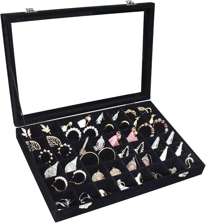 Siveit Velvet Jewelry Tray 48 Grid Jewelry Display Tray Organizer Box with Transparent Lid Rings Earrings Necklaces Pendants Display Box Suitable for Women and Girls (Black) by Siveit