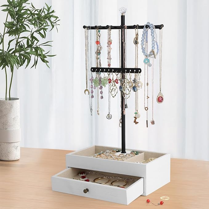 Meangood Jewelry Organizer Stand, 3-Tier Necklace Holder Jewelry Tree with Wooden Storage Drawer Box for Necklace Bracelet Earring Ring,White - Image 2