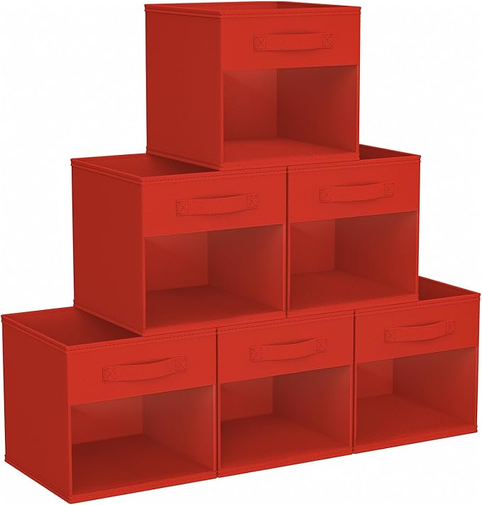 DIMJ Storage Cubes, Cube Storage Bin, 6 Pack Foldable Baskets with Window, Closet Storage Bins with Handle, 11x 11 inch Storage Cubes for Clothes, Toys, Books (Red) by DiMJ