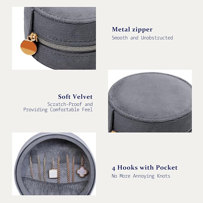 CONBOLA Travel Jewelry Case Small Jewelry Box for Women Girls,Round Velvet Mini Jewelry Travel Organizer,Portable Jewelry Box for Rings Earrings Necklaces Bracelets.(Grey,Small) - Image 4