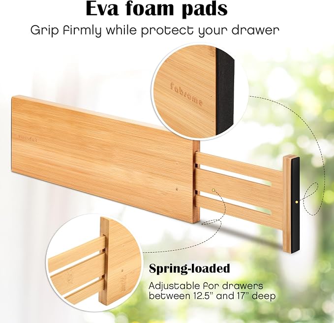 Fabsome Dresser Drawer Organizers 6 Pack, 4.65'' High Adjustable from 12.5-17‘’ Bamboo Drawer Dividers for Clothing Baby Clothes, Wooden Separators for Dresser Nursery Organization with Soft Foam Ends - Image 6