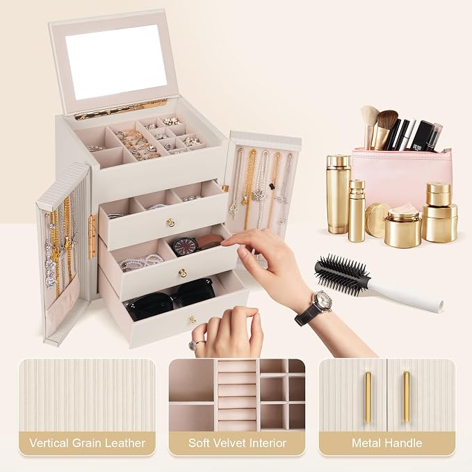 Dajasan Large Jewelry Box Organizer, Jewelry Storage Organizer with 3 Drawers, Huge Jewelry Box with Mirror for Women Girls, Double Door, Textured PU Leather, Gift Idea, Stylish (Beige + Gold) - Image 4