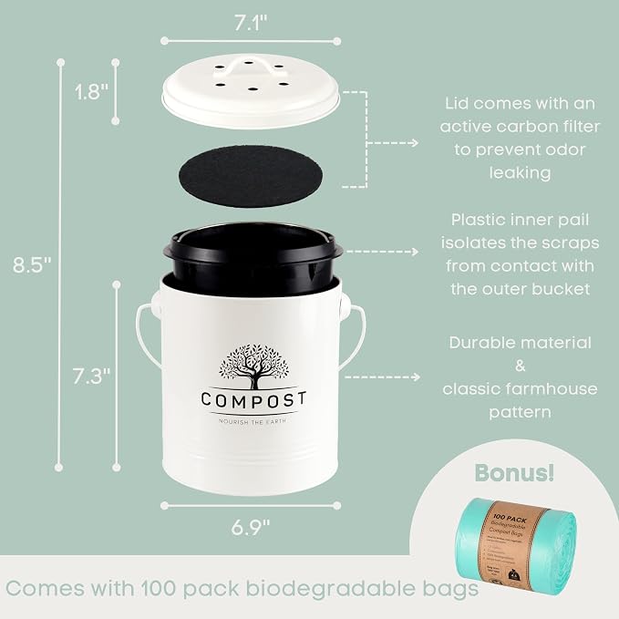 Perfnique Kitchen Compost Bin, 1.3 Gallon Countertop Compost Bin with Lid, Indoor Compost Bucket Includes Inner Bucket Liner and Carbon Filter, Small Compost Bin with Trash Bags (with Bags, Cream) - Image 2