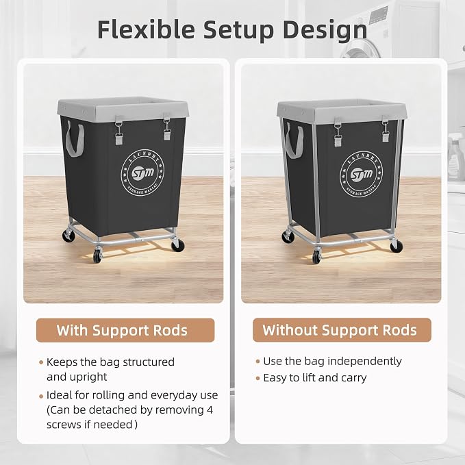 STORAGE MANIAC Commercial Laundry Hamper with Heavy Duty Steel Frame, 160 L Industrial Laundry Basket Cart with Wheels for Hotel, Home, Laundry Room, 17.72''L x 17.72''W x 30.91''H, Medium Black - Image 5