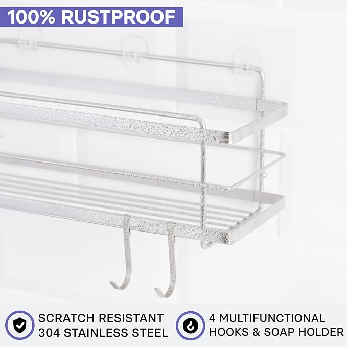 KINCMAX Premium Shower Caddy with Soap Holder, 2-Pack Adhesive Organizer, No Drill Bathroom Shelves, Rustproof Stainless Steel Shelves for Inside Shower, Storage Rack, Silver - Image 2