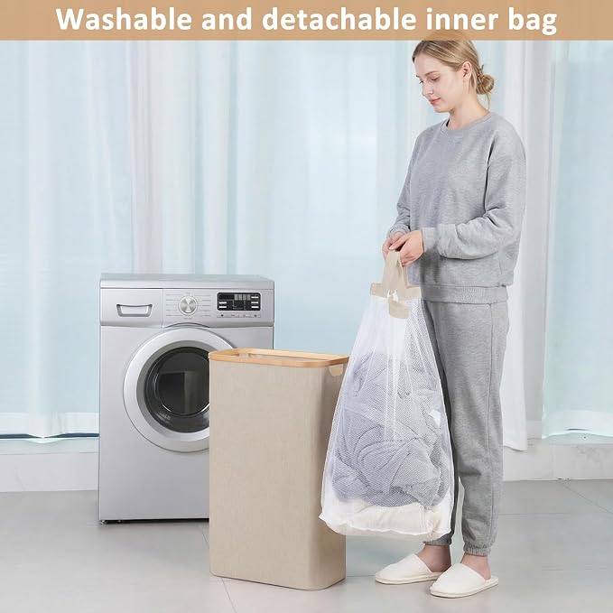 iEGrow 65L Slim Laundry Hamper, Narrow Laundry Basket with Lid,Foldable Clothes Hamper with Bamboo Handles,Hamper Basket with Removable Inner Bag for Laundry Room Bedroom College Dorm,Oatmeal - Image 6