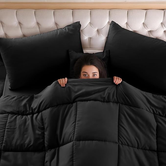 LUX Décor 5pc Queen Comforter Set, All-in-One Bed in a Bag, Includes 1 Comforter, 2 Pillow Shams, 1 Decorative Pillow & 1 Bed Skirt (Black, Queen)