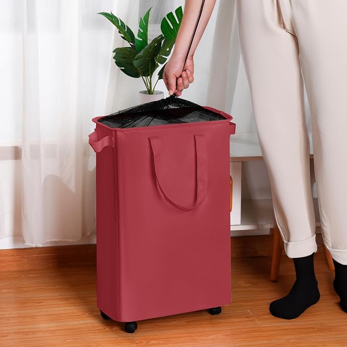 efluky Slim Laundry Hamper with Wheels, Rolling Laundry Basket for Clothes, Small Laundry Basket for Bedroom, Dorm and Laundry Room, 60L (12.7 Gallons) Burgundy Red - Image 5