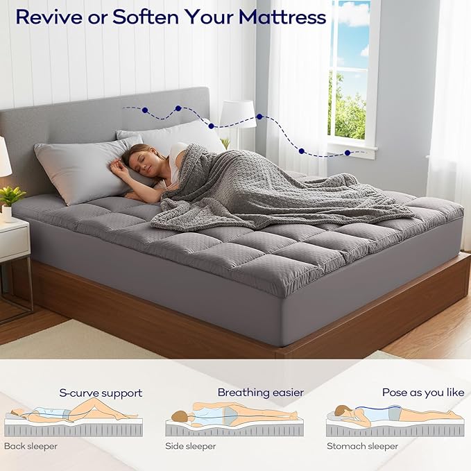 OLANLY Dual-Layer 4 Inch Full Size Memory Foam Mattress Topper for Back Pain, 2 Inch Cooling Pillow Top Mattress Pad Cover and 2 Inch Gel Memory Foam Topper, Deep Elastic Pocket, Light Grey