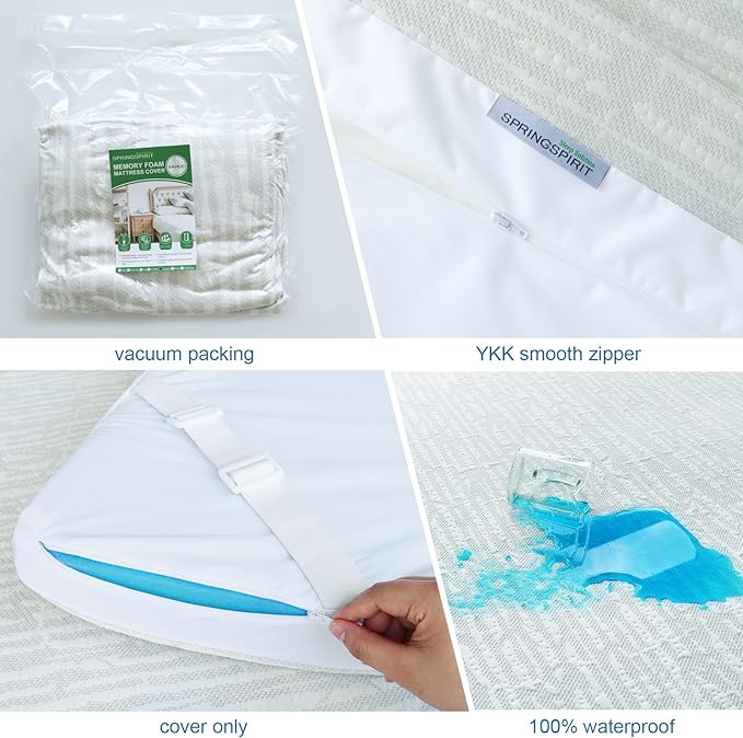 Mattress Topper Cover Protector Queen Size 2 Inch, 100% Waterproof Viscose Cooling Mattress Topper Encasement Zippered with Adjustable Straps, Fit Memory Foam Mattress