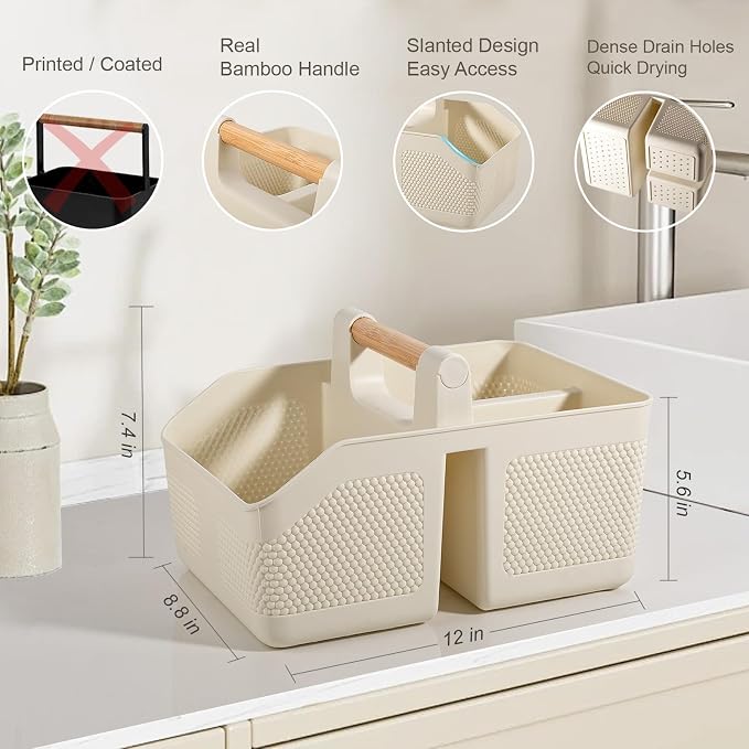 rejomiik Shower Caddy Portable with Bamboo Handle, Plastic Basket Cleaning Caddy Organizer Storage Tote for Bathroom, College, Dorm Room Essentials, Cream - Image 3