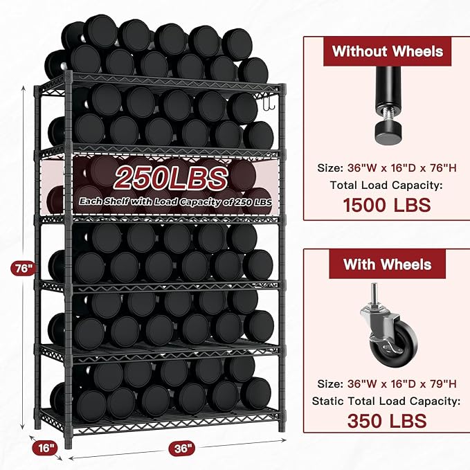PrimeZone 6 Tier Wire Shelving with Wheels 79''H 1500lbs Storage Shelves NSF Certified Heavy Duty Steel Metal Shelf Adjustable Rolling Rack Kitchen Garage Closet Pantry Laundry 79''HX36''WX16''D 2Pcs - Image 3
