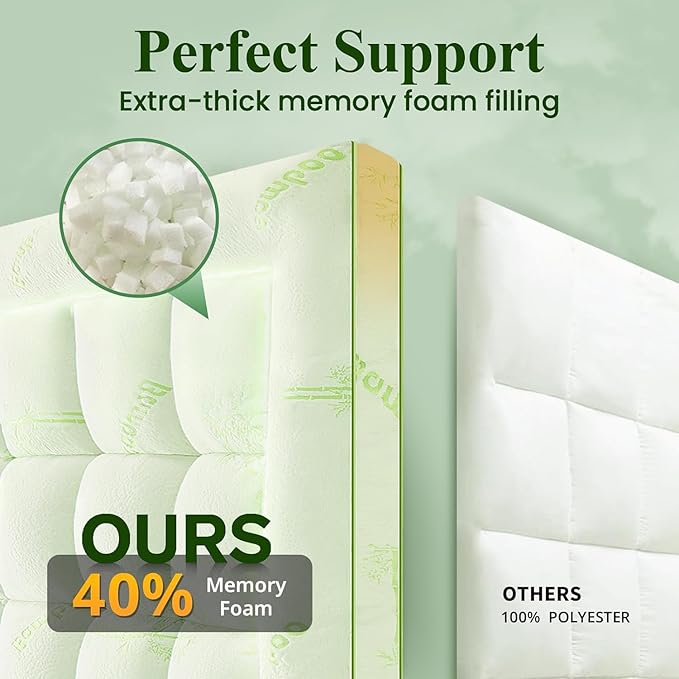 Memory Foam Mattress Topper - Viscose Made from Bamboo Pillow Top Thick Twin Size Mattress Pad for Back Pain, Ultra Soft & Cooling for Hot Sleepers, 6-18'' Deep Pocket, Green