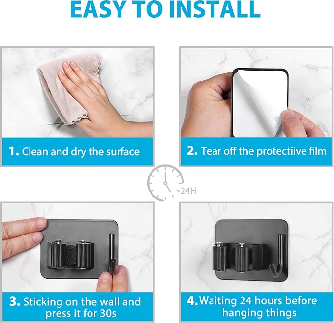 homeasy Mop Broom Holder No Drill, Mop Broom Organizer Wall Mounted Heavy Duty with Hooks Hanger, Self Adhesive Stainless Steel 6Pcs for Bathroom, Kitchen, Office (Black) - Image 6