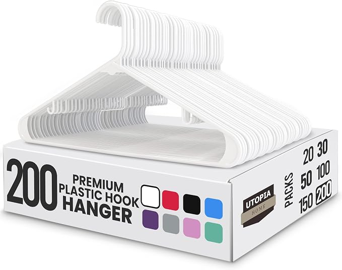 Utopia Home Plastic Hangers 200 Pack - Space Saving Clothes Hanger - Durable & Strong Closet Organizers and Storage with Built-in Strap Hooks - Essential for Shirts, Pants, Skirts & Coats (White) by UTOPIAHOME