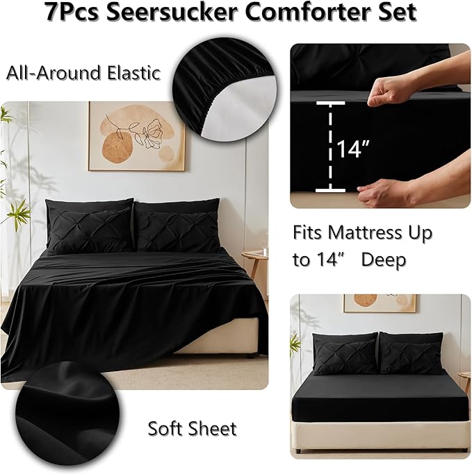 CozyLux California King Comforter Set Black - 7 Pieces Cal King Pintuck Bed in A Bag Gift for Family, Pinch Pleat Bedding Sets with All Season Comforter, Sheets, Pillowcases & Shams