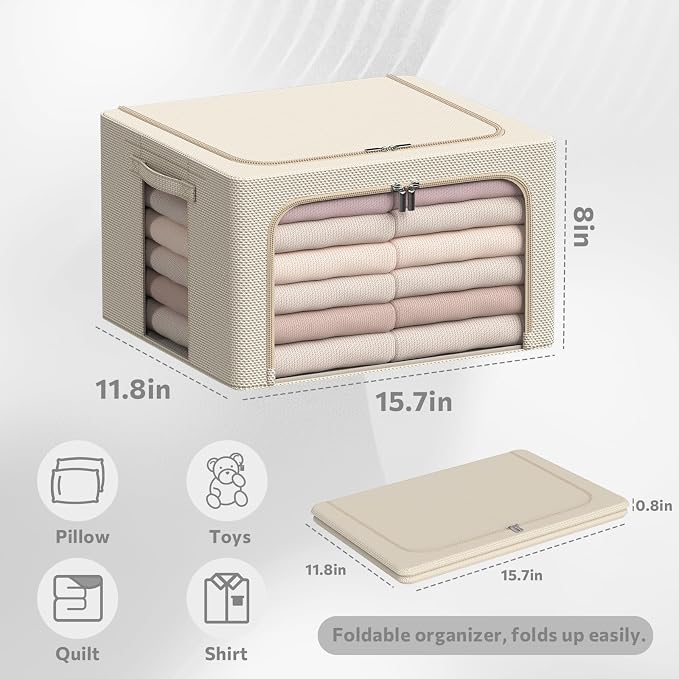 3Pack Frame Storage Box - Clothes Storage Bin Bags Oxford Fabric Foldable Stackable Container Organizer Set with Clear Window & Carry Handles Large Capacity (Beige, Small-22L) - Image 6