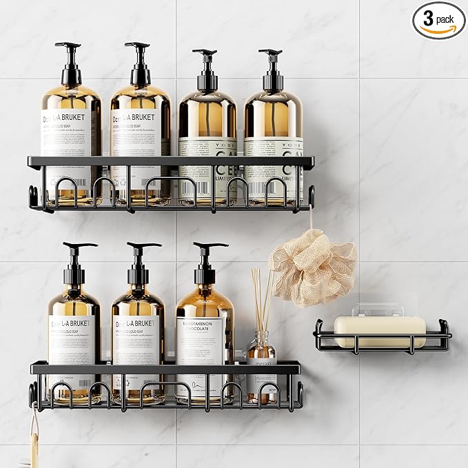 Shower Caddy, 3 Pack Shower Shelves for Inside Bathroom, Rustproof Adhesive Bathroom Organizer with Soap Holder, No Drilling Washroom Organizers and Storage for Bathtub Room/Kitchen/Home, Black by Deyhoc