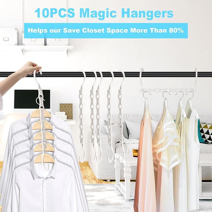DUCOO Space Saving Hangers 10 Pack, Heavy Duty Magic Cascading Hanger Organizer with 5 Enclosed Anti-Slip Holes, Closet Organizers and Storage for Clothes, College Dorm Room Essentials, White - Image 3