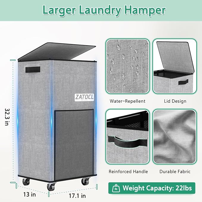 Laundry Hamper with Lid and Wheels, 29 Gal Rolling Laundry Basket with Washing Bag & Front Mesh Bag, Collapsible Dirty Clothes Hampers for Bedroom Aesthetic, Bathroom, Dorm, Laundry Room - Easy Carry - Image 2