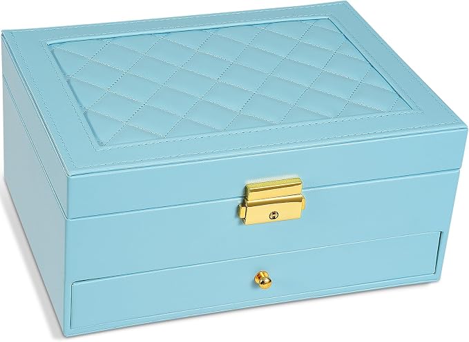 2-Layer Jewelry Box for Women, Jewelry Organizers and Storage with Removable Jewelry Tray, Vintage Quilted Top Lockable Jewelry Holder Gift Idea Sky Blue by Unimoly