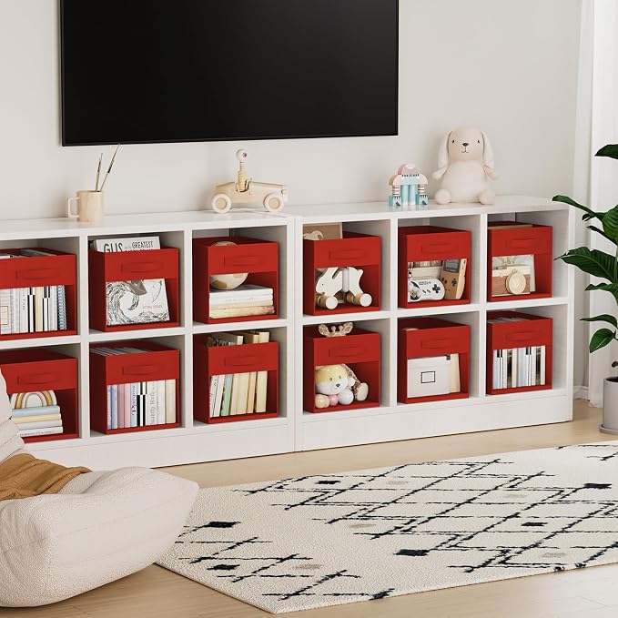 DIMJ Storage Cubes, Cube Storage Bin, 6 Pack Foldable Baskets with Window, Closet Storage Bins with Handle, 11x 11 inch Storage Cubes for Clothes, Toys, Books (Red) - Image 5