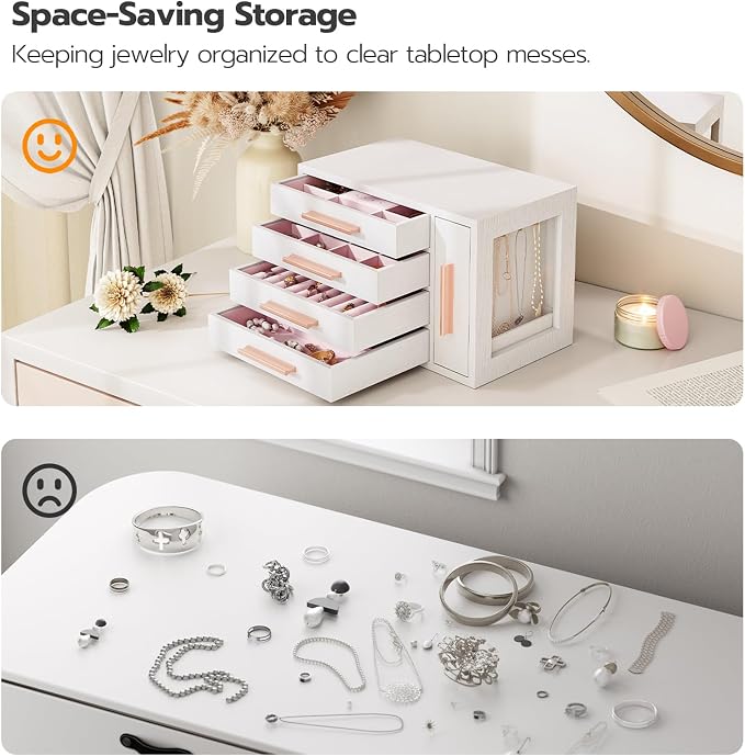 HOOBRO Jewelry Box for Women, Wooden Jewelry Organizer with Transparent Window, 4-Layer Jewelry Organizer Box, Jewelry Holder Organizer for Earrings, Necklaces, Rings, White and Gold WD09JB04 - Image 6
