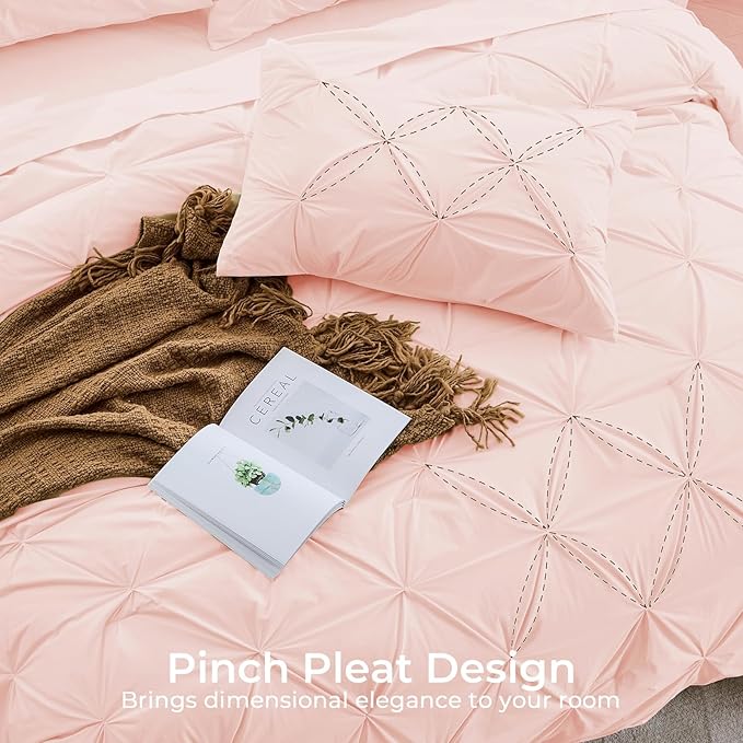 Sasttie Queen Comforter Set, 7-Piece Bed in a Bag, Pintuck Bedding Sets for All Season, Includes Comforter, Flat Sheet, Fitted Sheet, Pillowcases and Pillowshams, Blush Pink