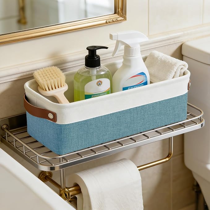 Bagnizer Small Fabric Storage Baskets, 15x6x5 inch Narrow Storage Bins 4-Pack Long Storage Basket for Organizing with Handles, Decorative Basket for Closets, Shelves, Toilet Paper, Teal - Image 7