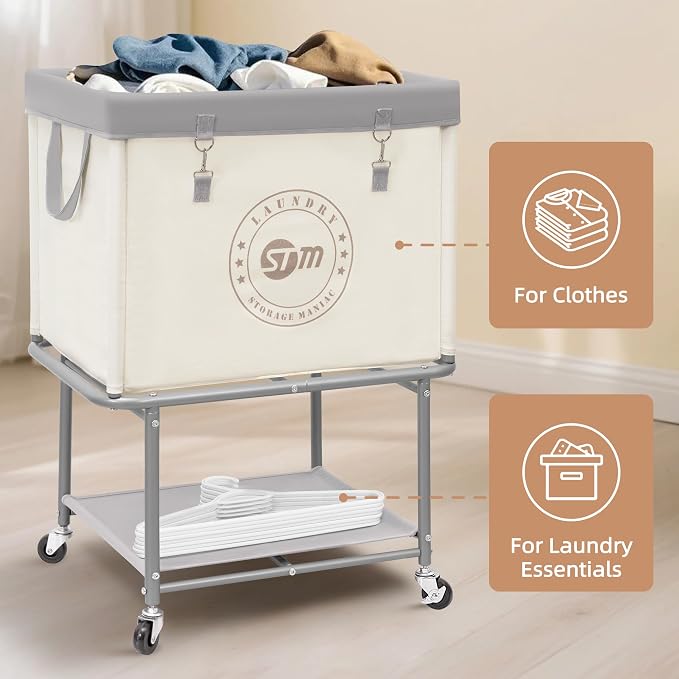 STORAGE MANIAC Rolling Laundry Cart with Storage Shelf, Heavy Duty Industrial Laundry Basket with Wheels, Commercial Metal Frame Clothes Hamper with Canvas Bag for Dorm, Closet, Bedroom, Beige - Image 6